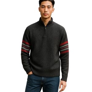 Eddie Bauer Men's XL Gray 100% Wool Half Zip Sweater Sweatshirt - Classic Stripe